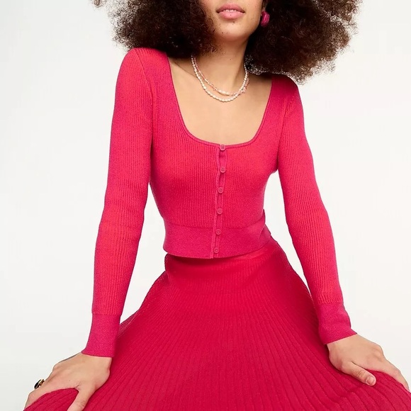 J. Crew Sweaters - J. Crew Hot Pink Luxe Butter Soft Cropped Cardigan Sz L Deep Square Neck Retro